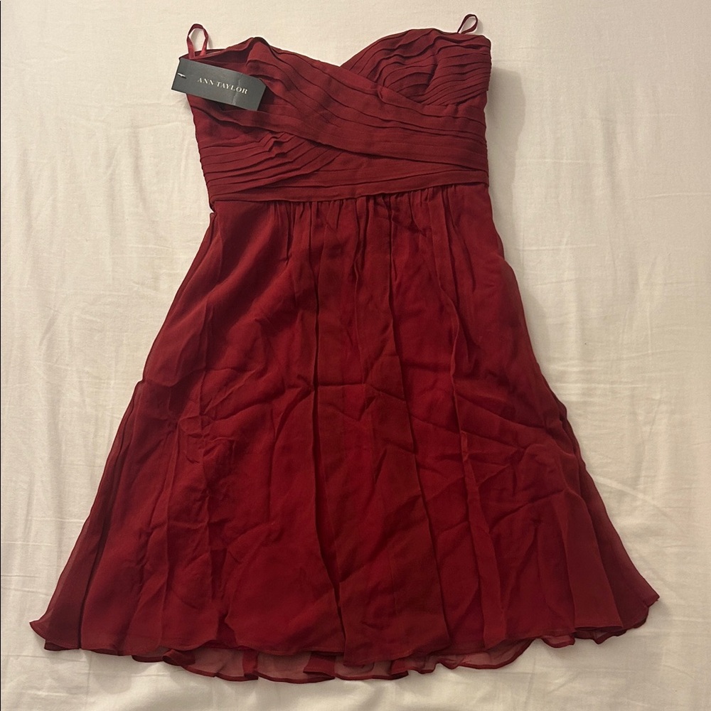 NWT Ann Taylor Silk Georgette Strapless Burgundy Red Mini Dress Size 00